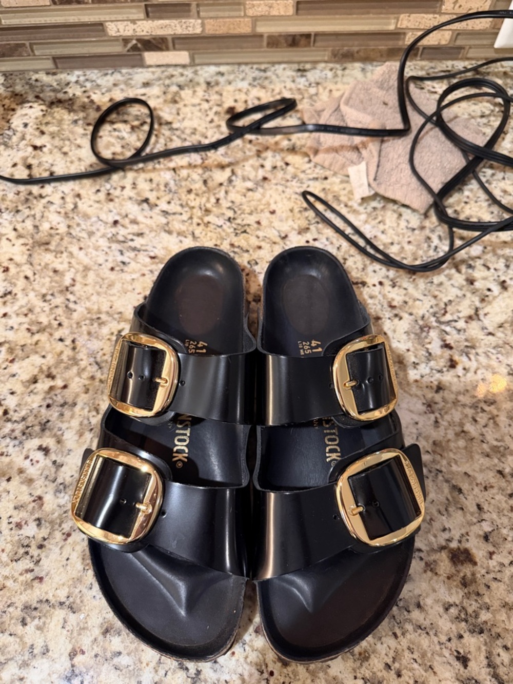 Birkinstock Black Sandal Slides with Gold Buckles